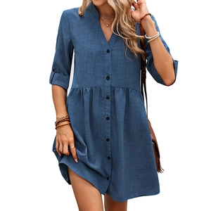 Women's blue V-neck midi shirt dress with button-down front and adjustable sleeves