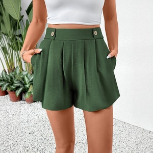 Short Femme Taille Haute Coupe Ample Jambe Large Décontracté Été Vacances Avec Boutons Et Poches Mélange Viscose