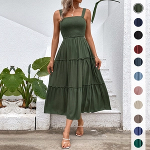 Women Casual Summer Smocked Midi Dress Tiered Square Neck Viscose Sleeveless A-Line Spaghetti Strap Tiered Vacation Party Beach Long Dress