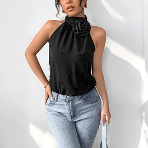 Elegant black halter neck bodysuit with 3D rose flower and pearl bead decorations