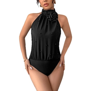 Black halter neck bodysuit for women featuring 3D rose flower and pearl embellishments