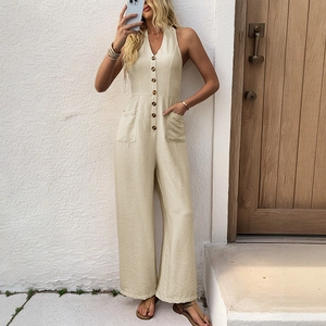 Women Halter V Neck Jumpsuit Sleeveless Button Down Wide Leg Romper With Pockets Casual Summer Beach One Piece Bodysuit