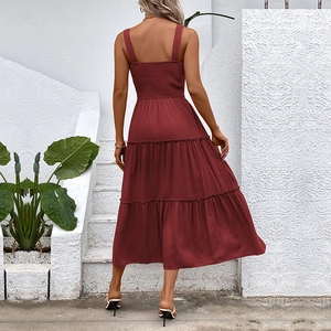 Women's backless tiered midi dress in wine red with smocked back and wide straps