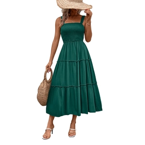 Women's dark green square neck smocked camisole dress with tiered skirt for summer vacation