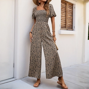 Women Square Neck Puff Sleeve Floral Jumpsuit Smocked Wide Leg Pants Casual Summer Vacation Boho Print Long Romper