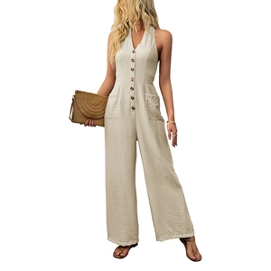 Women's summer beige sleeveless V-neck wide-leg jumpsuit with decorative buttons