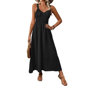 Elegant black sleeveless maxi dress with deep V-neck and smocked waist for summer vacation