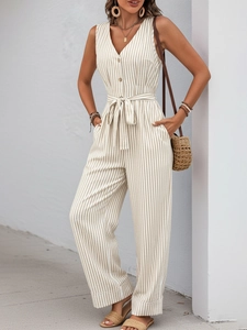 Detailed view of the vertical stripes and waist tie on this summer sleeveless jumpsuit