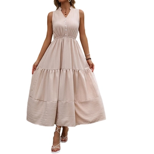 Sleeveless V-neck tiered midi dress in textured champagne fabric with button detail