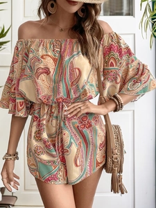 Detail of bohemian paisley print rompers with off-the-shoulder neckline and drawstring waist