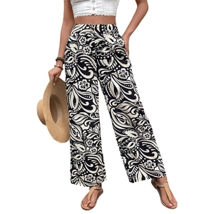 Women's high waist wide leg pants with black and white floral paisley pattern summer style