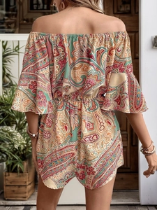 Back view of bohemian paisley print off-shoulder romper with flared sleeves and elastic waist