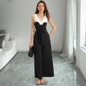 Damen Elegant Farbblock Ärmellos V-Ausschnitt Jumpsuit Hohe Taille Weites Bein Lange Hose Mit Gürtel Casual Office Outfit