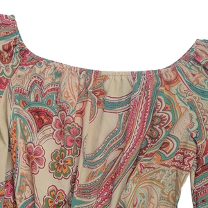 Detail of bohemian paisley print on lightweight elastic off-the-shoulder neckline