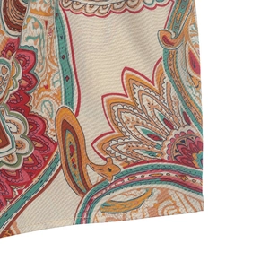 Detailed close-up showing the textured fabric and retro Paisley floral print pattern