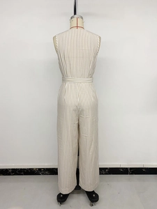 Detail showing the back cut and seamless vertical stripes of a khaki sleeveless jumpsuit