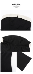 Detail showing the strapless neckline with contrast fold-over trim and back hidden zipper