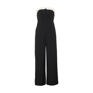Detail of elegant black and white colorblock bandeau wide-leg jumpsuit for women
