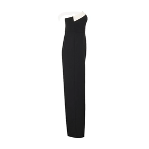 Detail view of contrast black and white strapless jumpsuit with slim fit silhouette