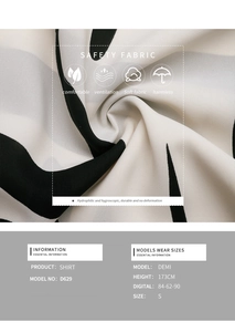 Detail of soft breathable geometric print fabric with model size and item specifications
