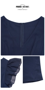 Dettaglio di scollo a V, cerniera invisibile e maniche a volant sulla tuta blu navy