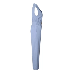 Detailed side profile of light blue sleeveless jumpsuit with lapel collar and waist belt