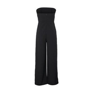Detail view of the back showing invisible zipper closure on black strapless jumpsuit