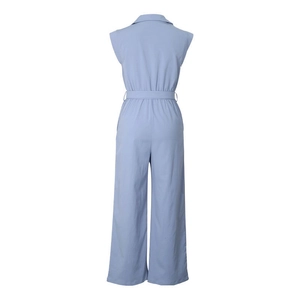 Detail view of the back of a light blue sleeveless jumpsuit with belted waist and wide legs