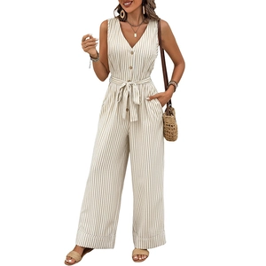 Women's sleeveless V-neck striped wide leg jumpsuit with button front and waist tie belt