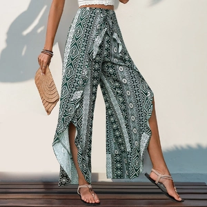 Pantalon d'été à taille haute et jambes larges avec fente et imprimés ethniques verts