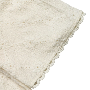 Detailed close-up of cream textured fabric with geometric patterns and delicate lace edges