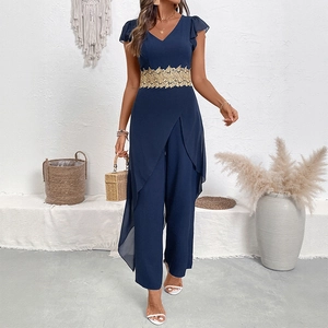 Tuta Intera Donna Elegante Scollo a V Poliestere Pizzo Vita Gamba Larga Manica a Loto Blu Navy Chiffon Tuta da Festa