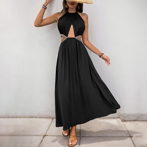 Robe Longue Sexy Dos Nu pour Femme Style Bohème Broderie Ethnique Sans Manches Vacances d'Été Coupe Trapèze