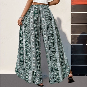 Pantalon large pour femme à taille haute avec imprimé géométrique bohème et fente latérale