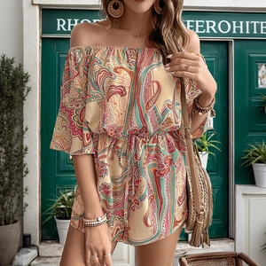 Bohemian paisley print off-shoulder romper with elastic waist and bell sleeves