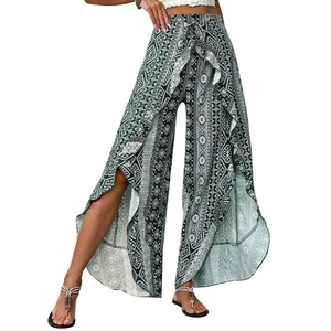 Pantalon bohème à taille haute, jambes larges, fente latérale et imprimé ethnique