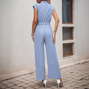 Elegant light blue sleeveless jumpsuit with lapel collar and waist belt back view