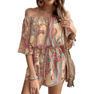 Bohemian paisley print off-shoulder romper with elastic waist and ruffle sleeves