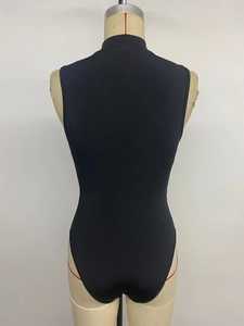 Rear view of black sleeveless high neck bodysuit with high-cut leg detail on mannequin