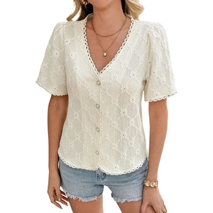 Elegant white lace V-neck blouse with hollow diamond patterns and pearl buttons