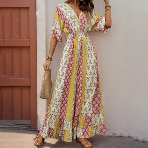 Bohemian Floral Print V Neck Backless Jumpsuit For Women Viscose High Waist Wide Leg Summer Vacation Beach Romper