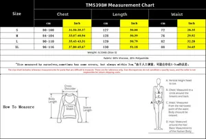 Guide des tailles détaillé pour robe longue dos nu avec mesures du S au XL