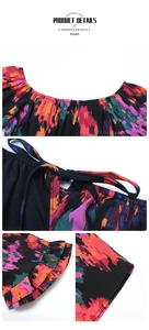 Detail of floral printed romper with elastic neckline, bow tie, and ruffled sleeve edges