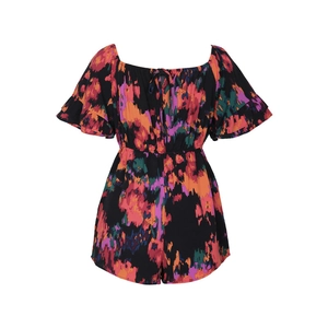 Detail of floral print romper with ruffle sleeves and elastic waist for women