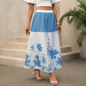 Women Casual High Waist Maxi Skirt Blue Color Block Floral Print Patchwork A-Line Summer Vacation Skirt
