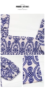 Detail of square neckline with elastic smocking and blue floral print on white fabric