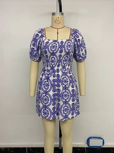 Detail of square neck romper with blue floral print and smocked bodice texture