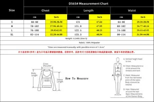 Tableau des tailles détaillé pour robe longue bohème D565 avec mesures S-XL en cm et pouces