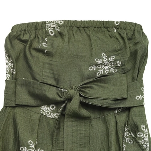Detail of strapless dark green top with ethnic embroidery and large waist bow tie