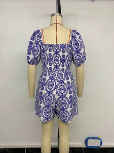 Detail of smocked elastic back and blue floral pattern on bohemian summer romper